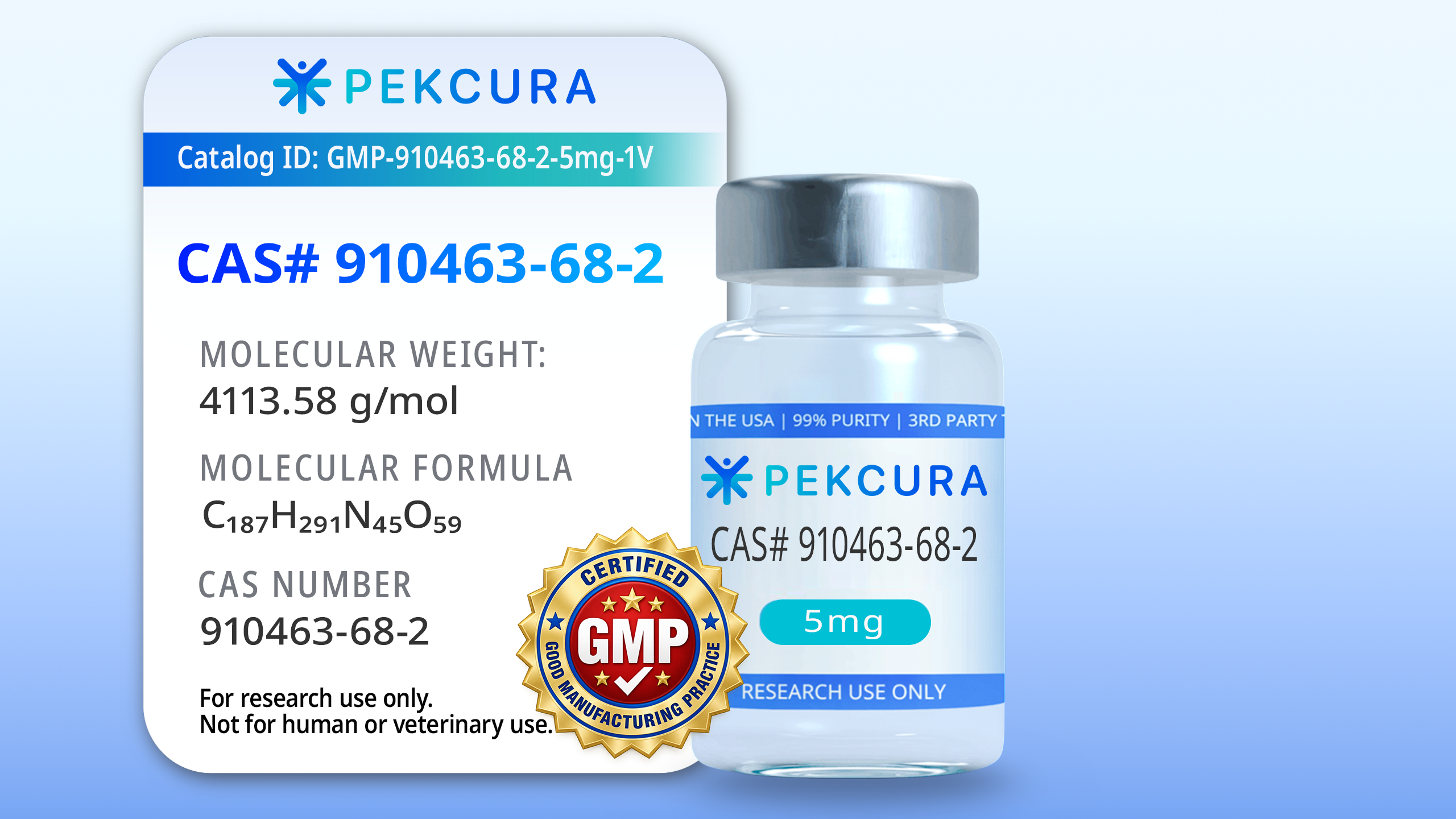 CAS # 910463-68-2 5mg GMP Manufactured research peptide vial with product label