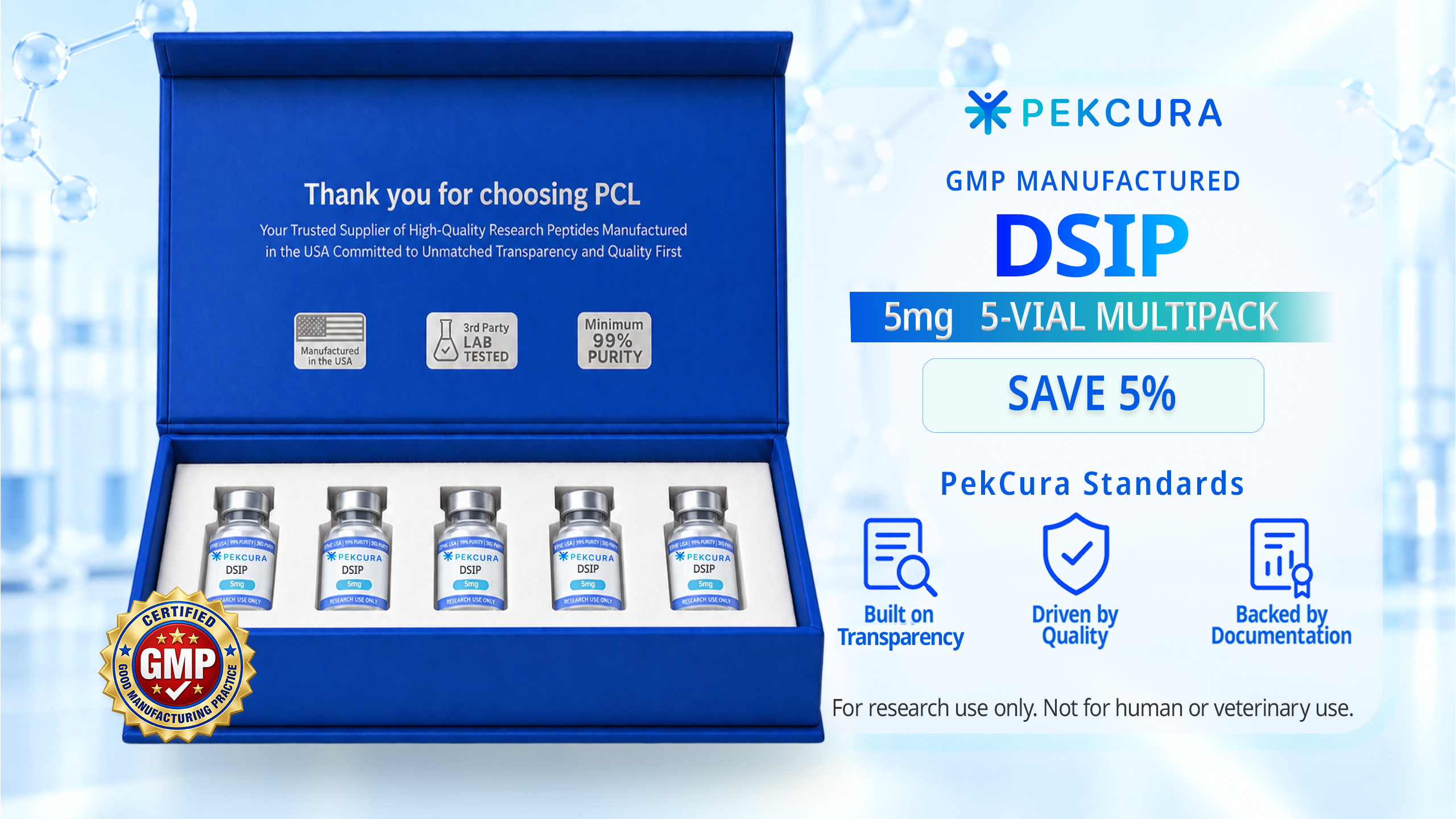 DSIP 5mg GMP manufactured research peptide 5 pack with product label