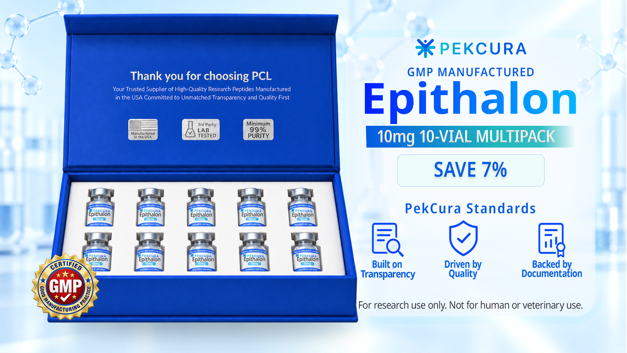 Epithalon 10mg GMP manufactured research peptide 10 pack with product label