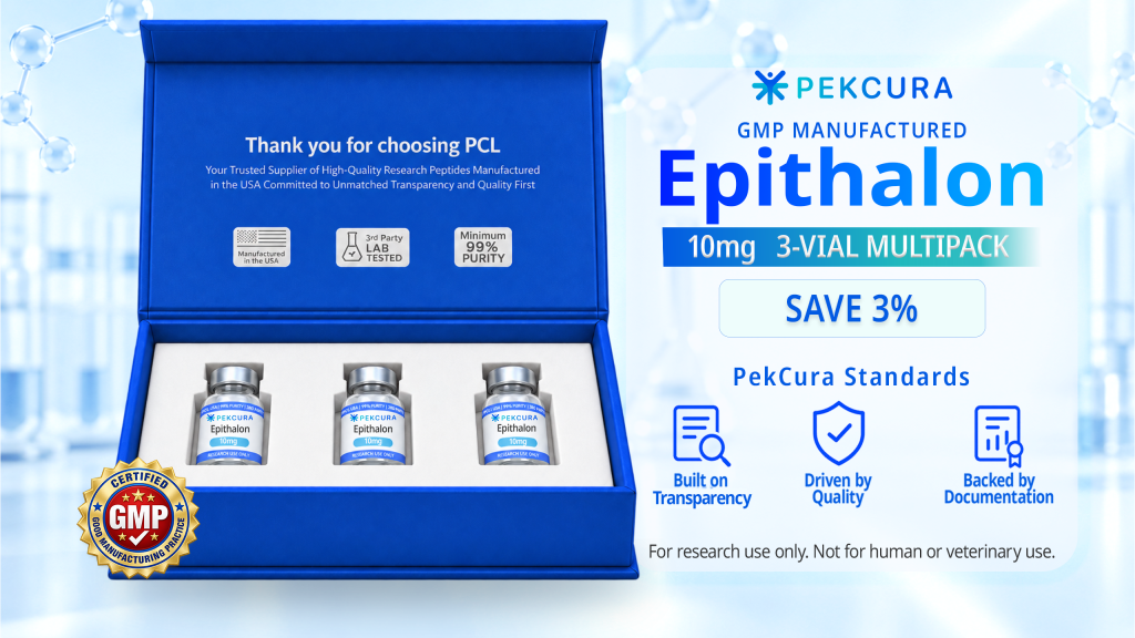 Epithalon 10mg GMP manufactured research peptide 3 pack with product label