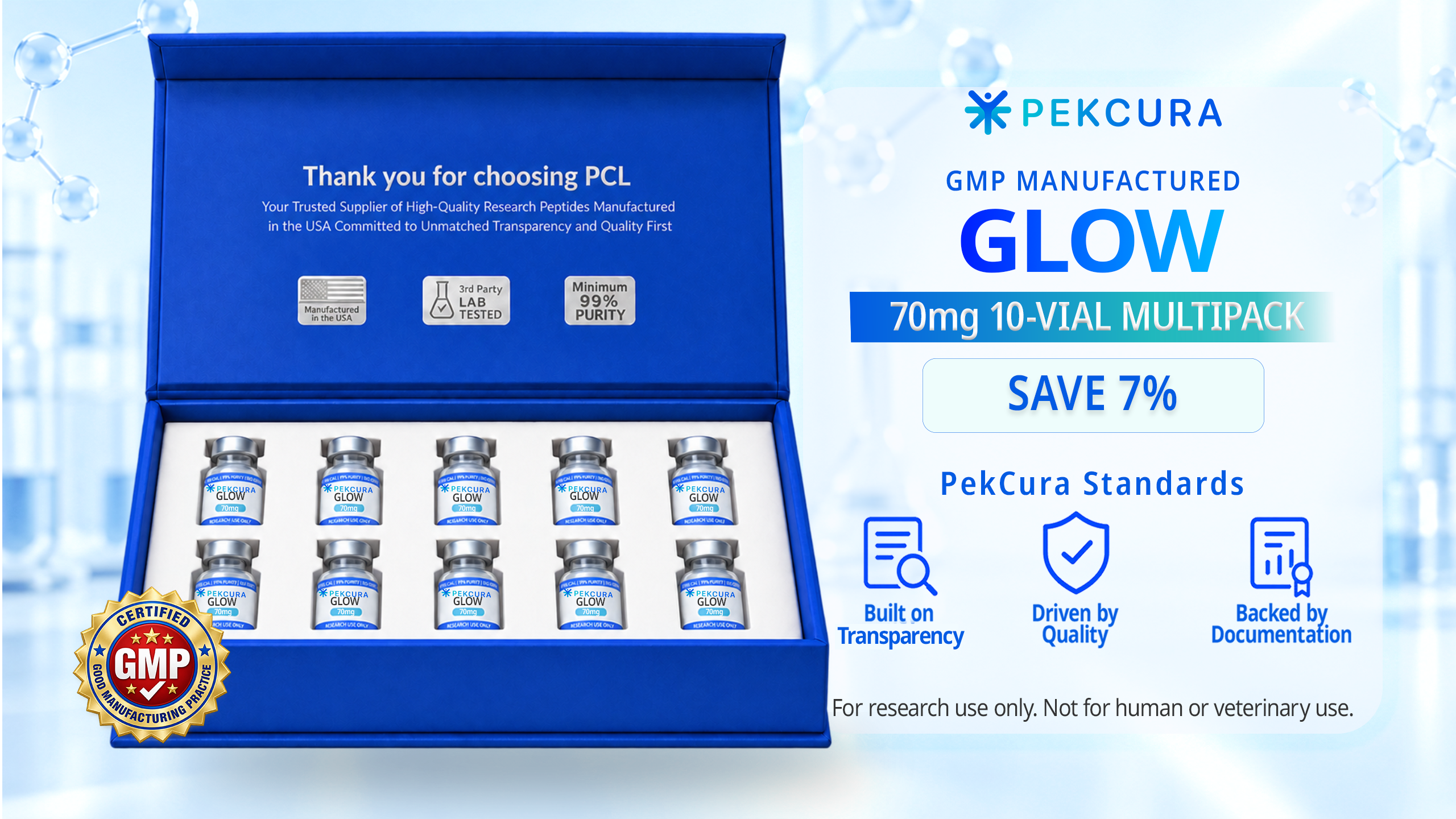 GLOW 70mg GMP Manufactured research peptide blend 10 pack with product label