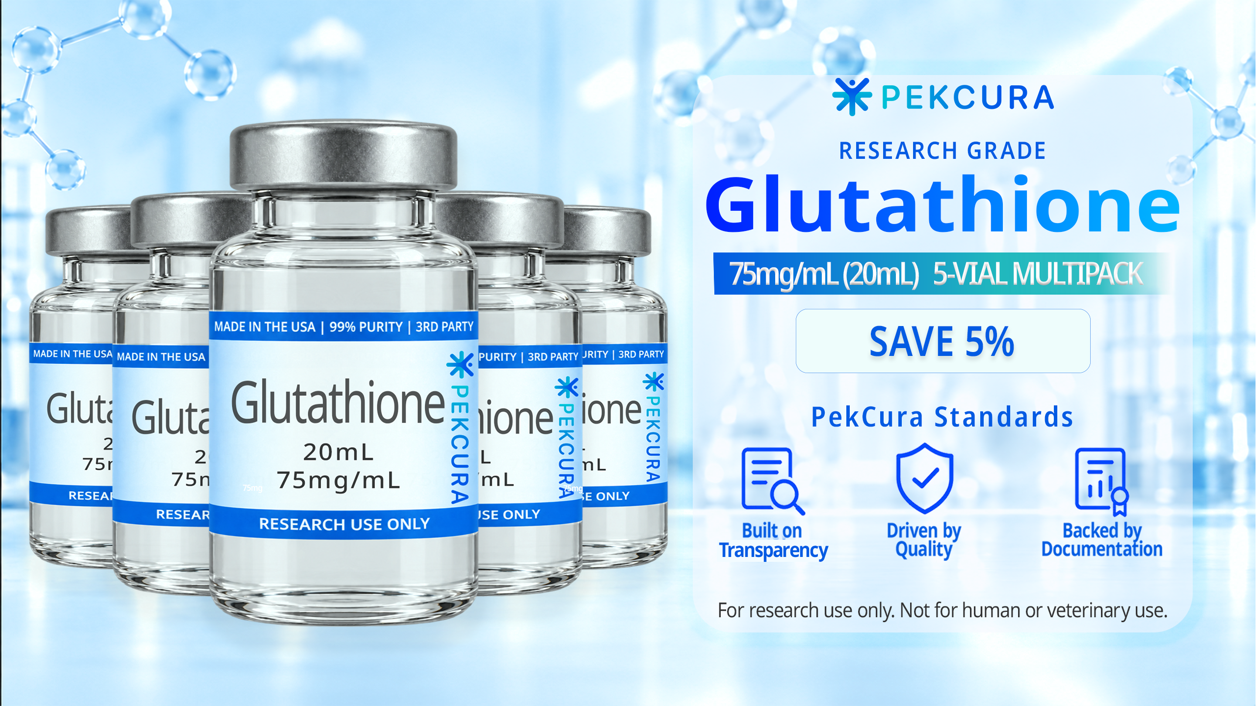 Glutathione 75mg research grade peptide 5 pack with product label