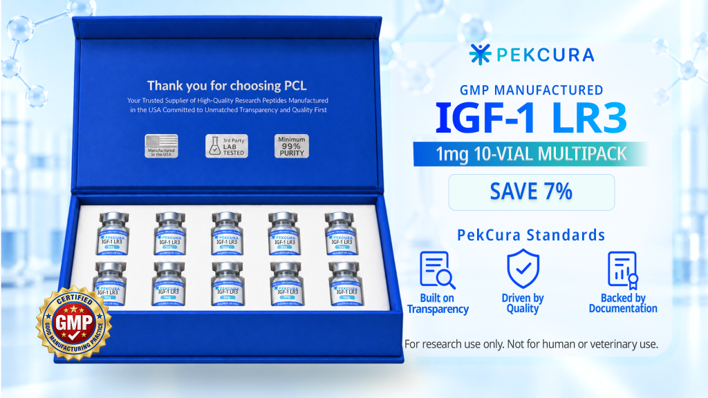 IGF-1 LR3 1mg GMP manufactured research peptide 10 pack with product label