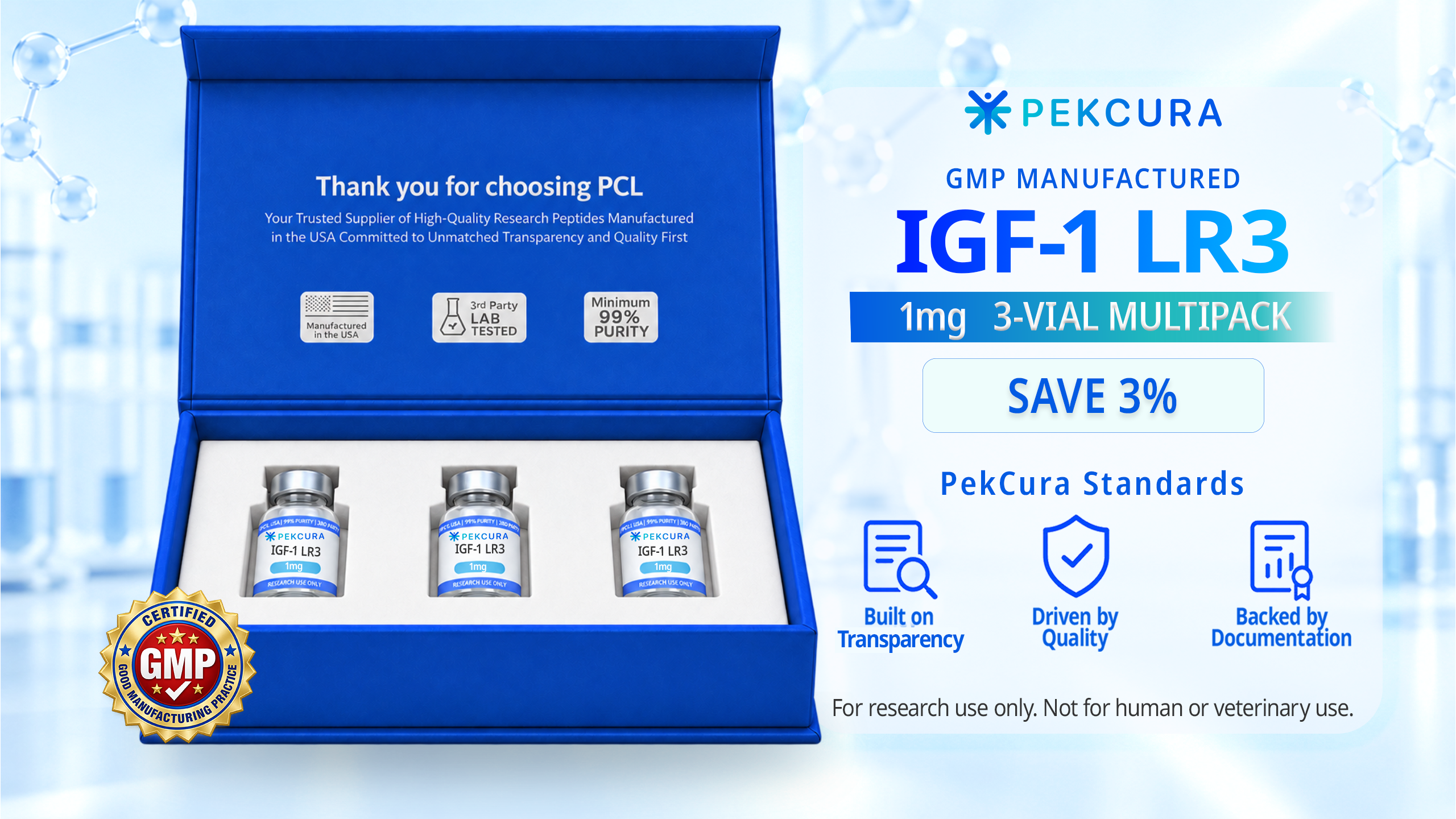 IGF-1 LR3 1mg GMP manufactured research peptide 3 pack with product label