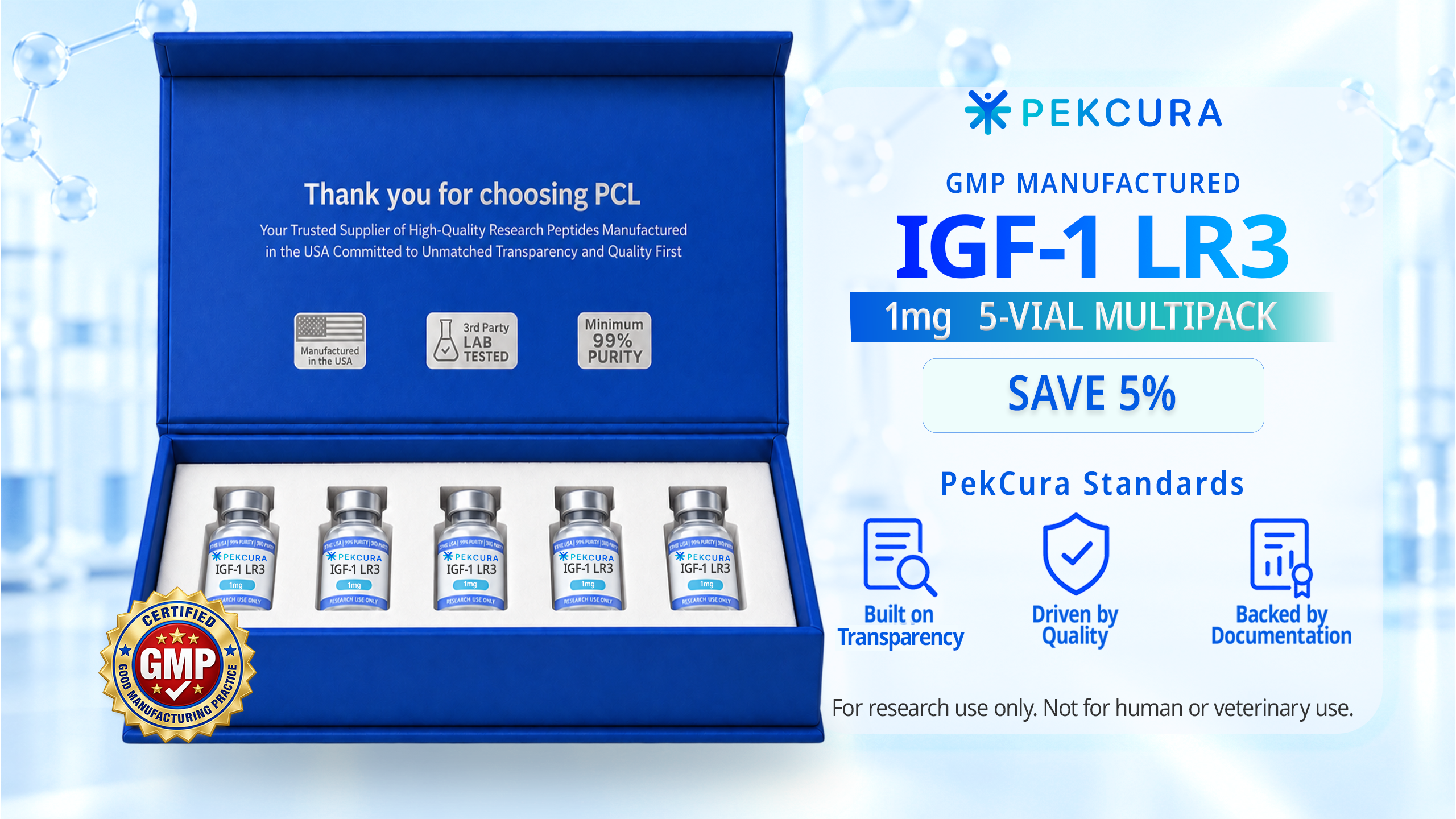 IGF-1 LR3 1mg GMP manufactured research peptide 5 pack with product label