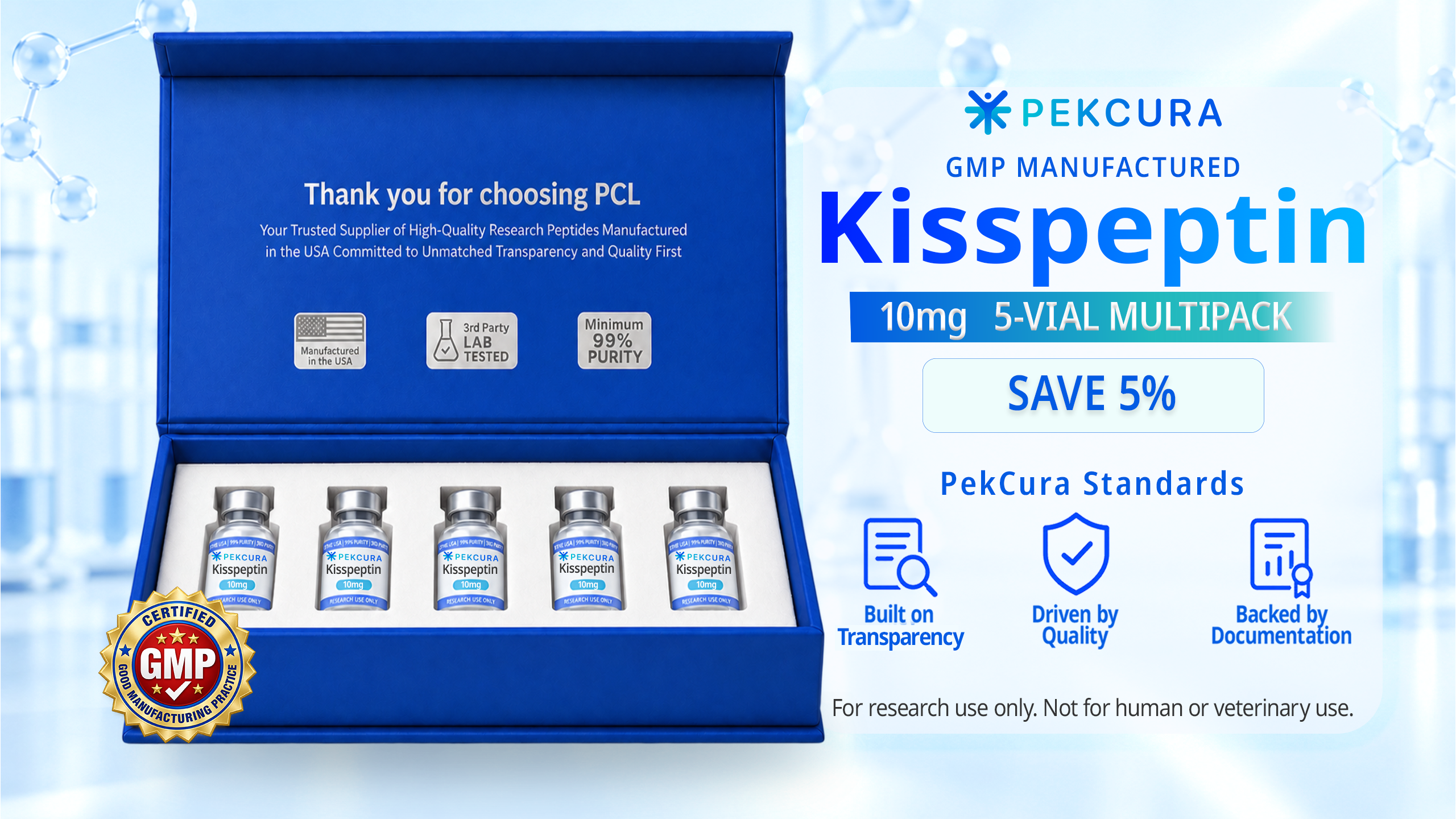 Kisspeptin 10mg GMP manufactured research peptide 5 pack with product label