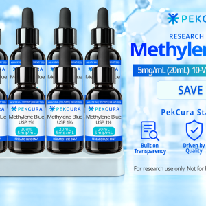 Methylene Blue 5mg/mL, USP 1% research grade solution 20mL 10 pack with product label