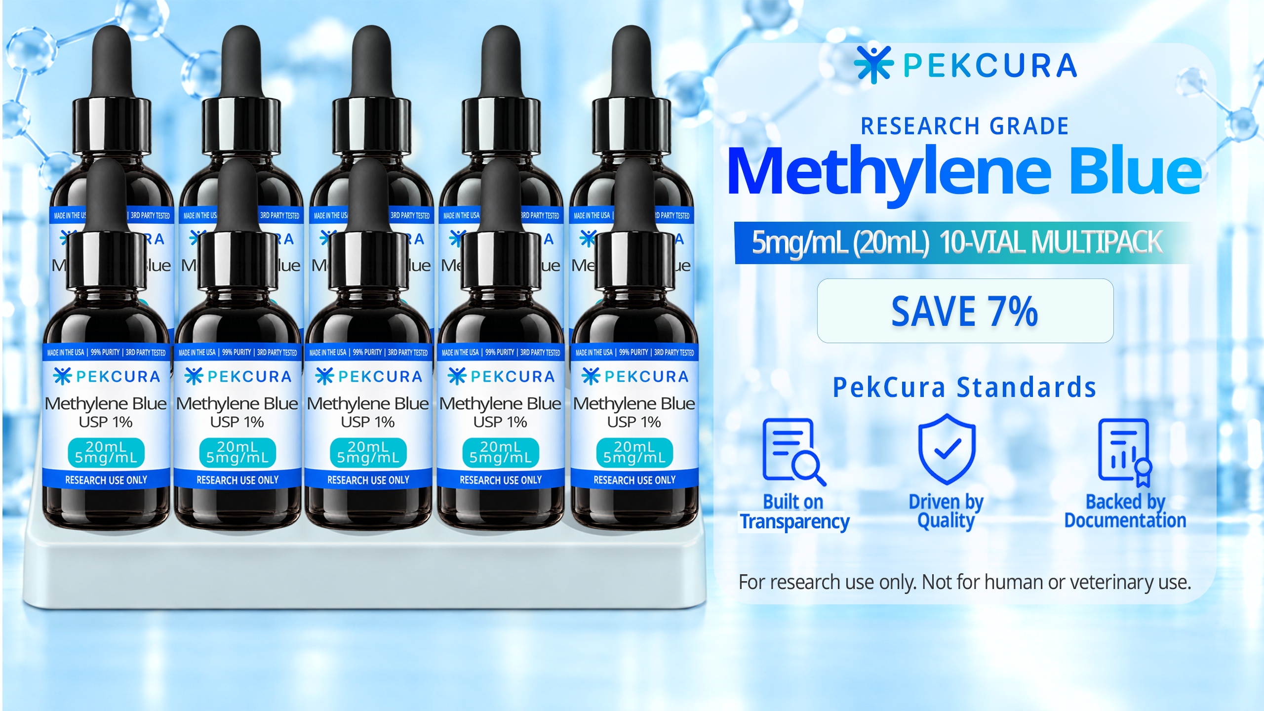 Methylene Blue 5mg/mL, USP 1% research grade solution 20mL 10 pack with product label