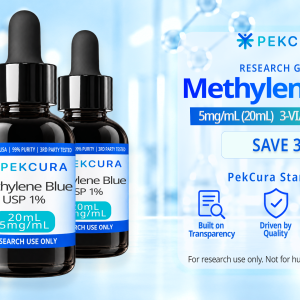 Methylene Blue 5mg/mL, USP 1% research grade solution 20mL 3 pack with product label