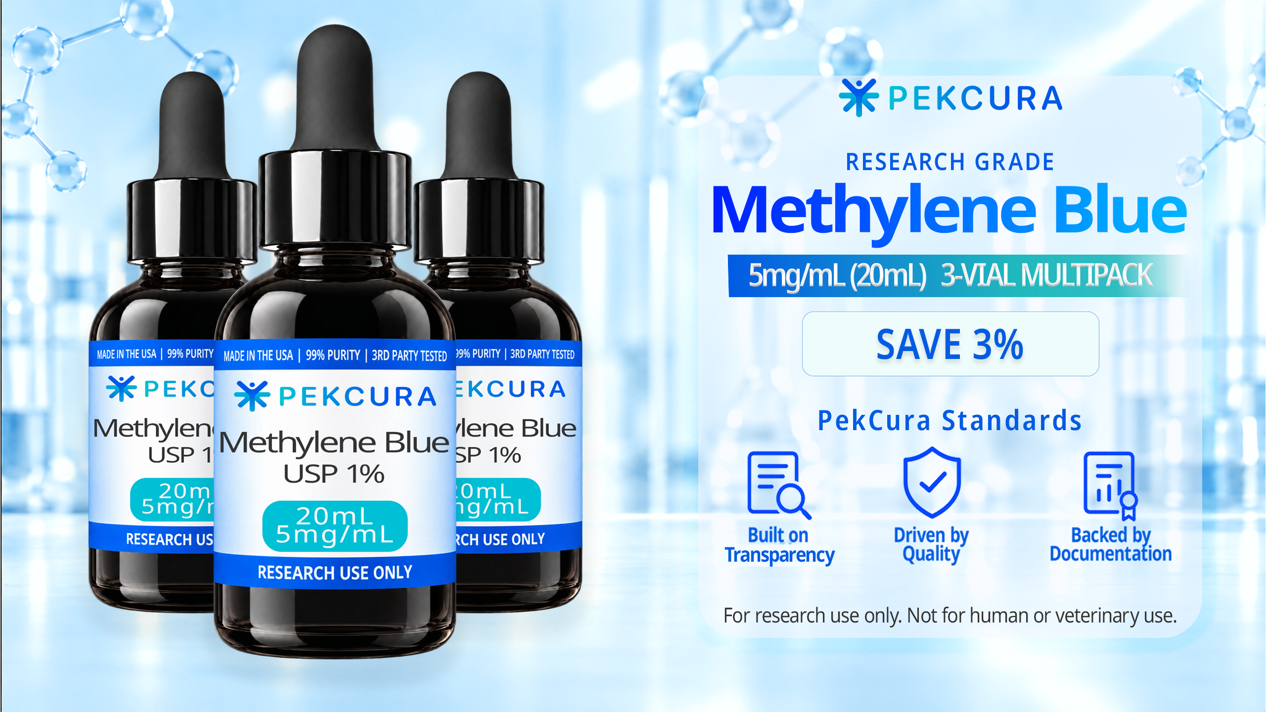 Methylene Blue 5mg/mL, USP 1% research grade solution 20mL 3 pack with product label