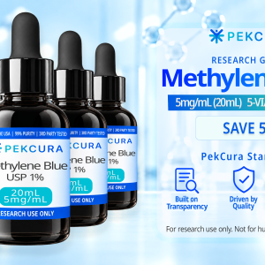 Methylene Blue 5mg/mL, USP 1% research grade solution 20mL 5 pack with product label