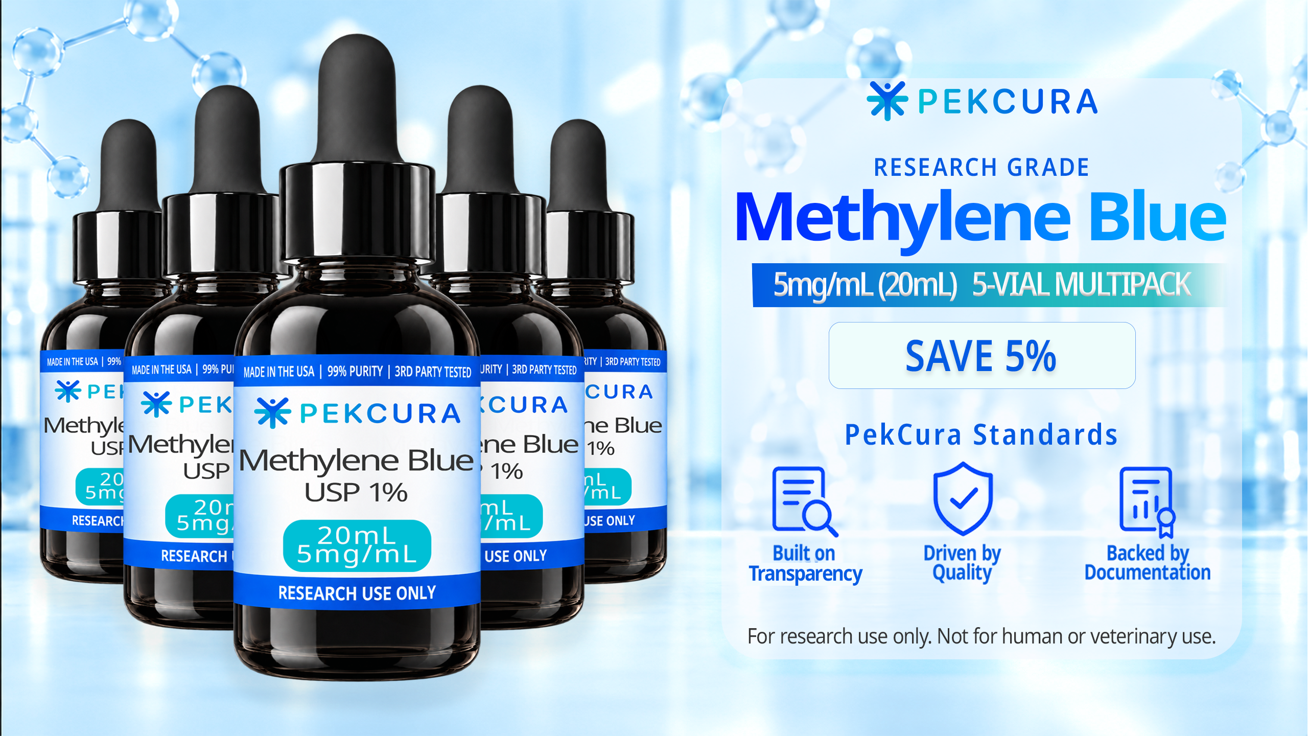 Methylene Blue 5mg/mL, USP 1% research grade solution 20mL 5 pack with product label