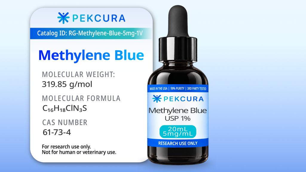 Methylene Blue 5mg/mL, USP 1% research grade solution 20mL bottle product label