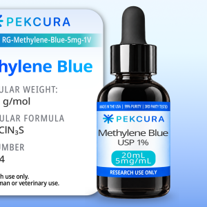 Methylene Blue 5mg/mL, USP 1% research grade solution 20mL bottle product label