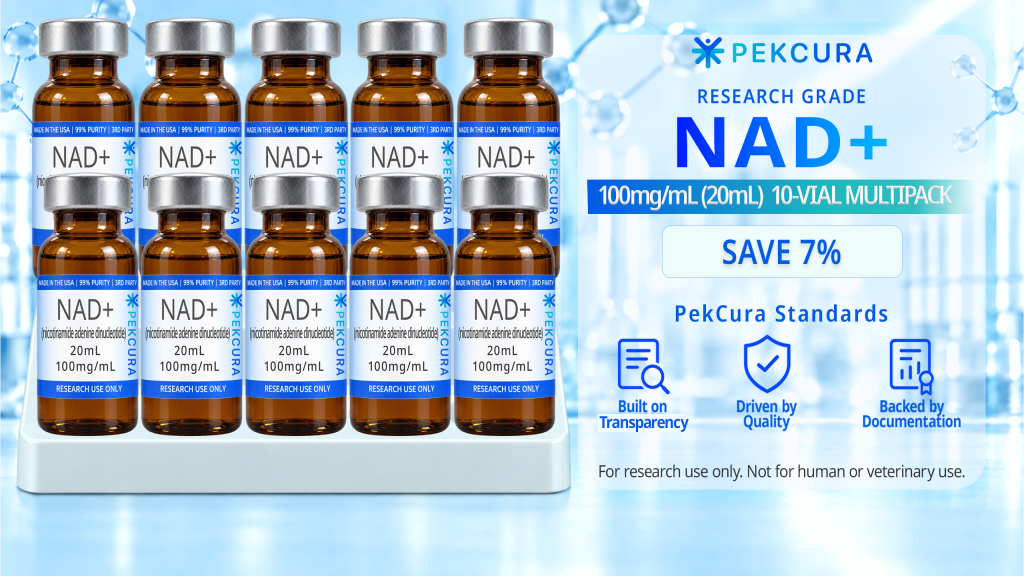 NAD+ 100mg/mL research grade buffered liquid solution 10 20mL amber colored vial multipack with product label.