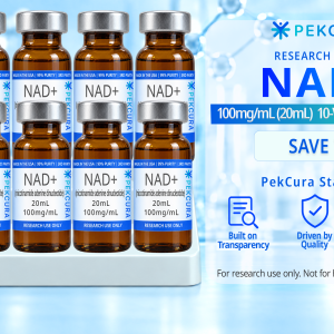 NAD+ 100mg/mL research grade buffered liquid solution 10 20mL amber colored vial multipack with product label.