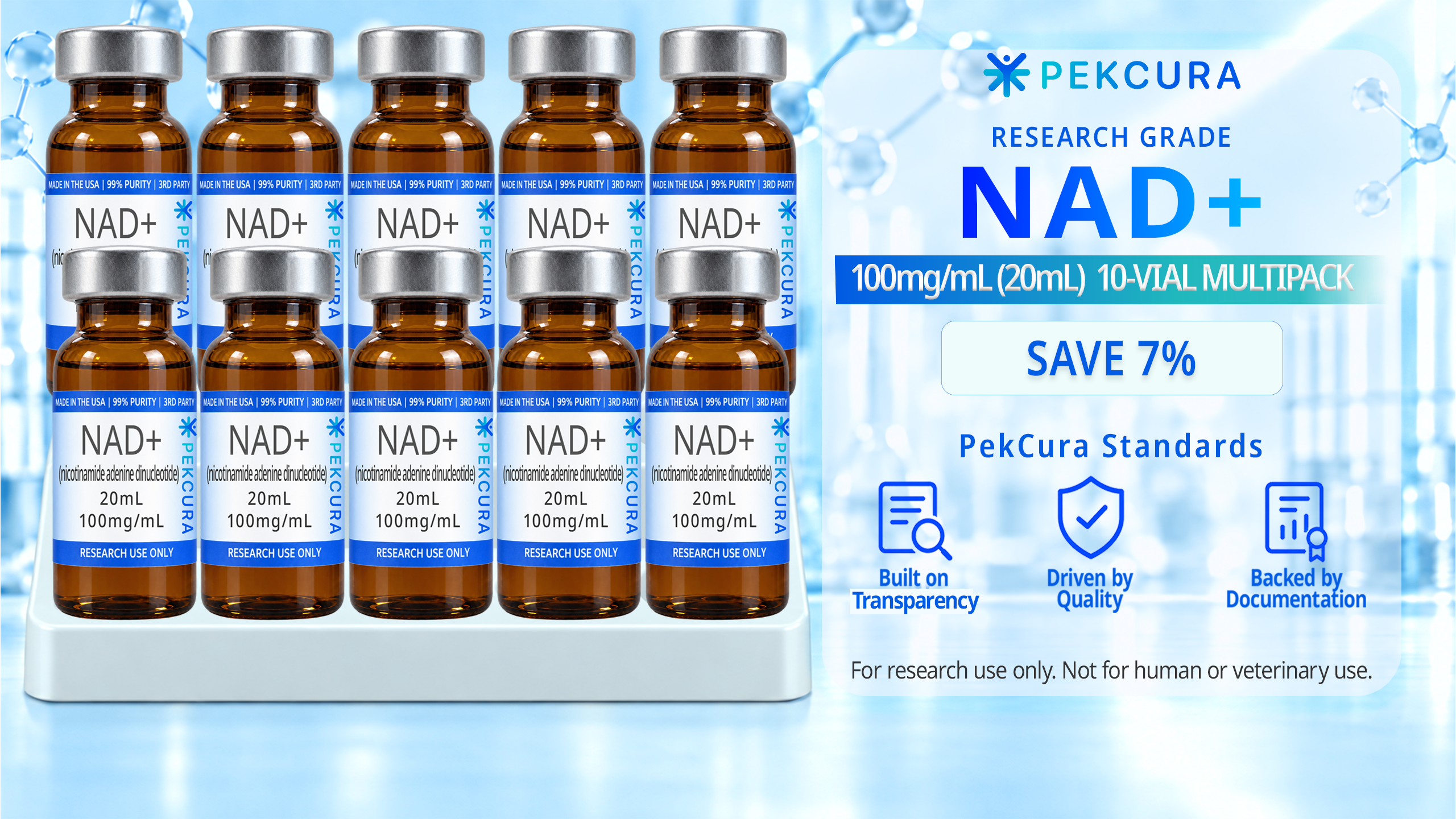 NAD+ 100mg/mL research grade buffered liquid solution 10 20mL amber colored vial multipack with product label.