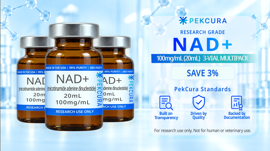 NAD+ 100mg/mL research grade buffered liquid solution 3 20mL amber colored vial multipack with product label.