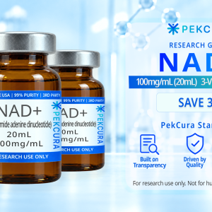 NAD+ 100mg/mL research grade buffered liquid solution 3 20mL amber colored vial multipack with product label.