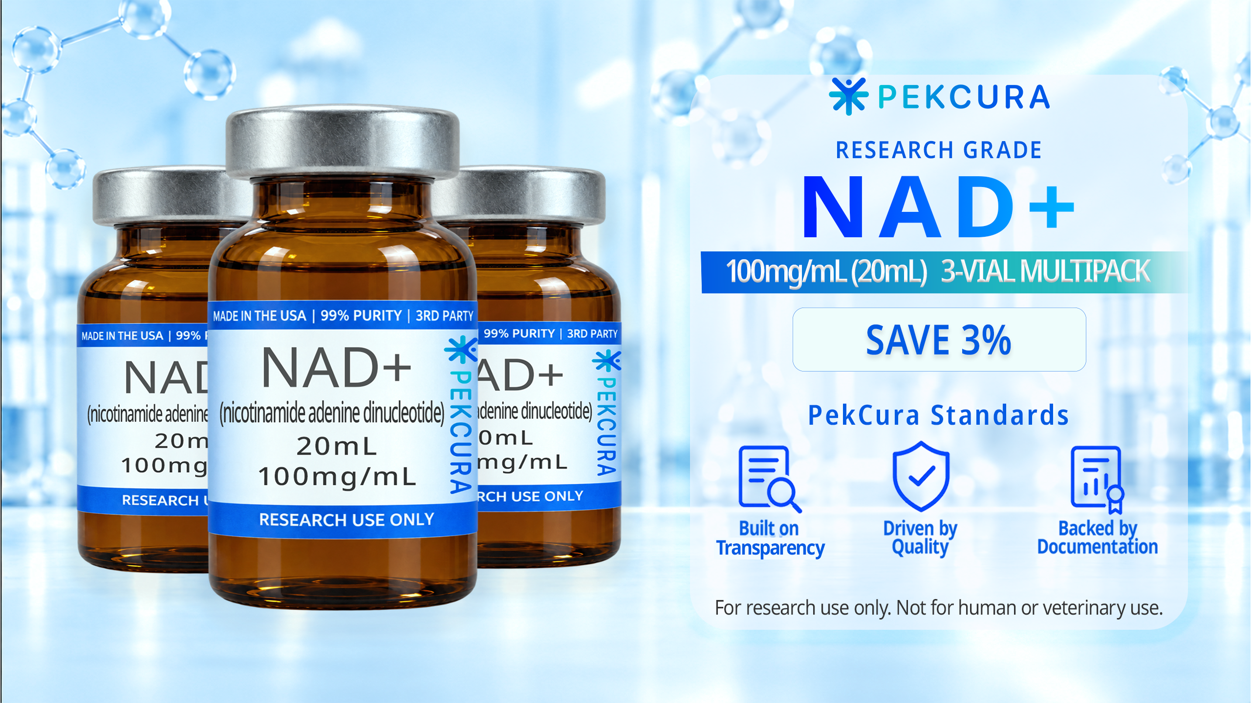 NAD+ 100mg/mL research grade buffered liquid solution 3 20mL amber colored vial multipack with product label.