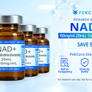 NAD+ 100mg/mL research grade buffered liquid solution 5 20mL amber colored vial multipack with product label.
