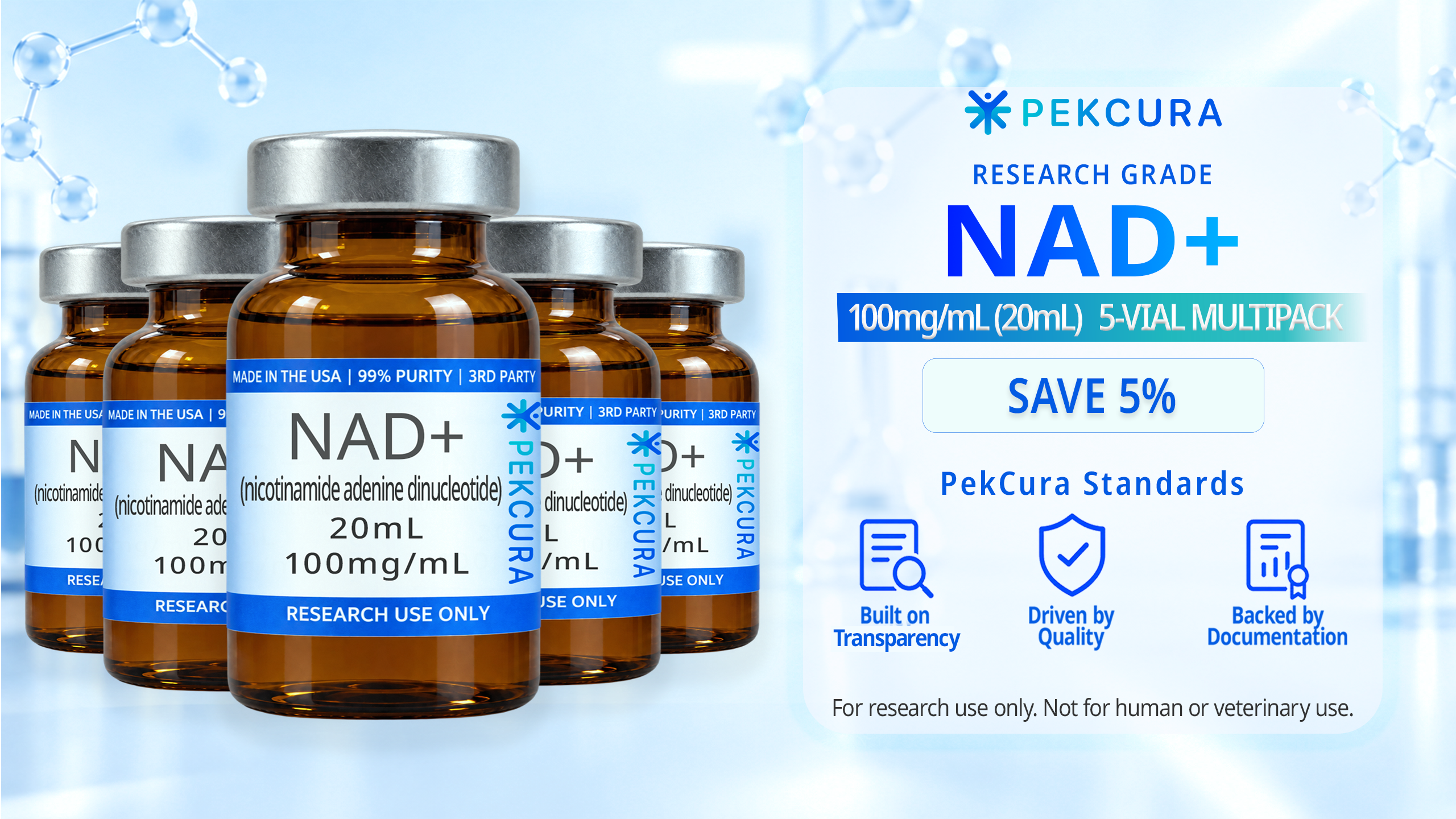 NAD+ 100mg/mL research grade buffered liquid solution 5 20mL amber colored vial multipack with product label.