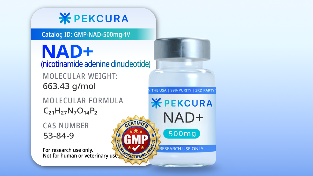 NAD+ 500mg GMP Manufactured research peptide vial with product label