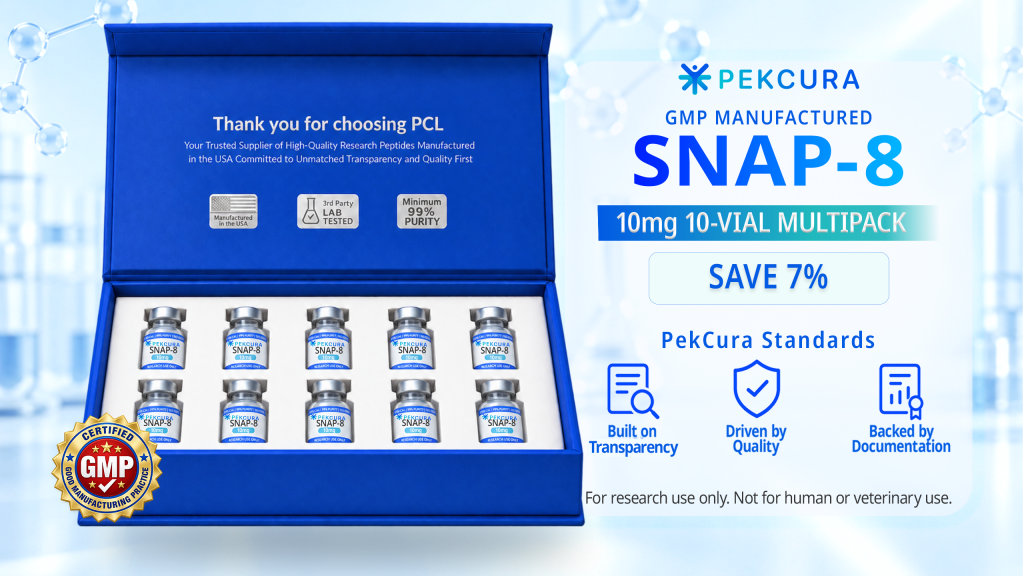 Snap-8 10mg GMP manufactured research peptide 10 pack with product label