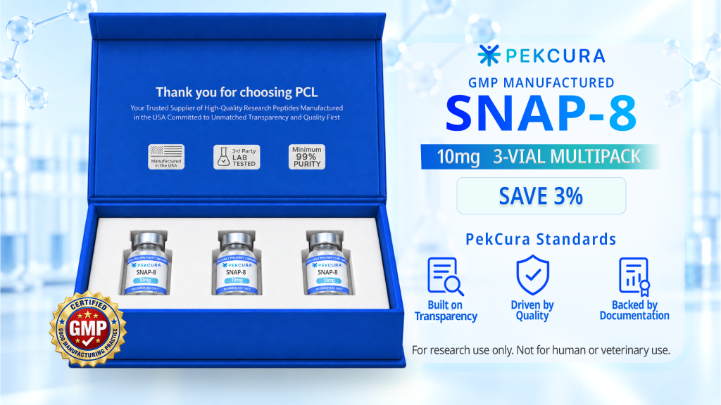 Snap-8 10mg GMP manufactured research peptide 3 pack with product label