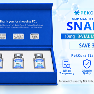 Snap-8 10mg GMP manufactured research peptide 3 pack with product label