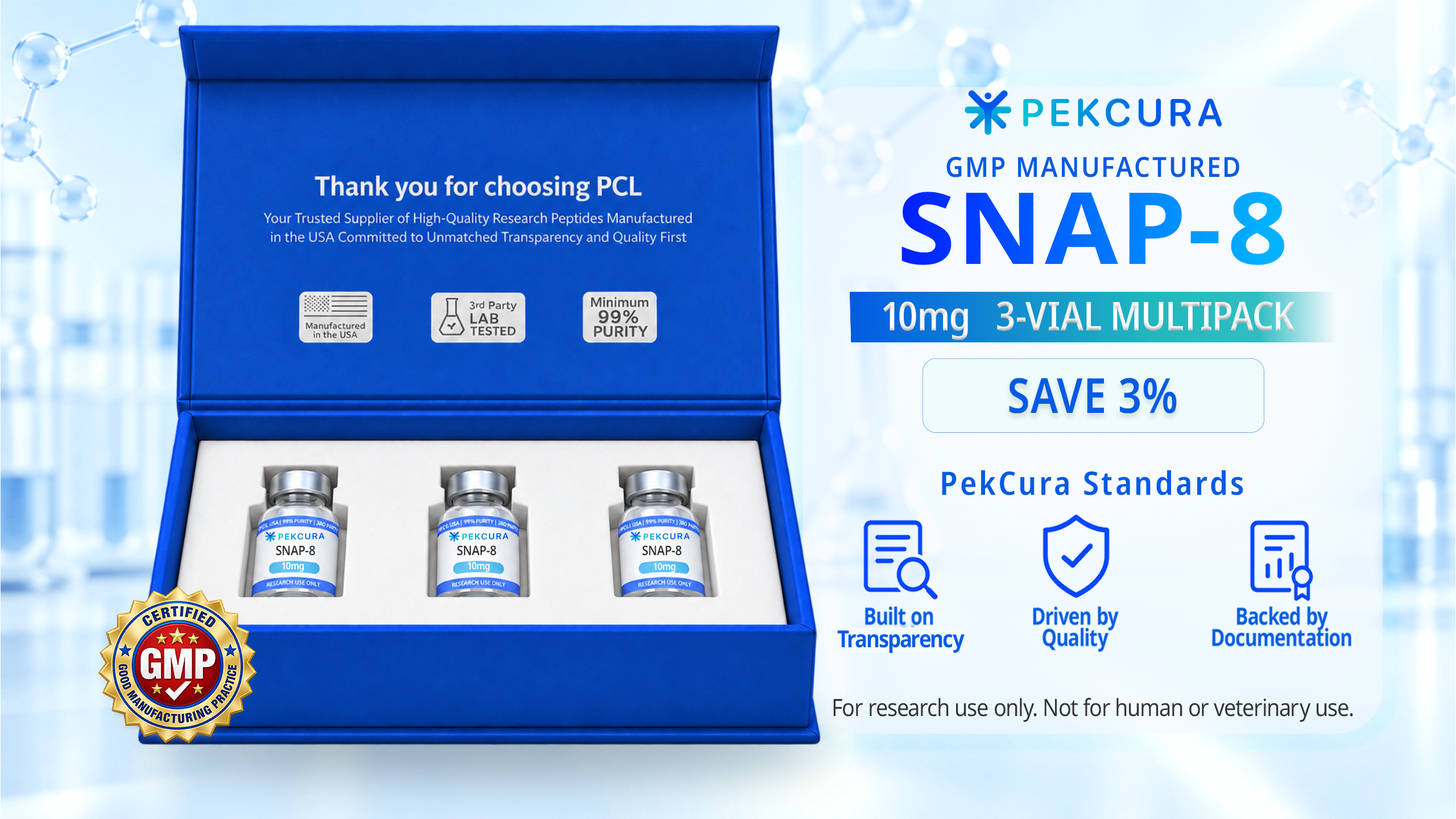 Snap-8 10mg GMP manufactured research peptide 3 pack with product label