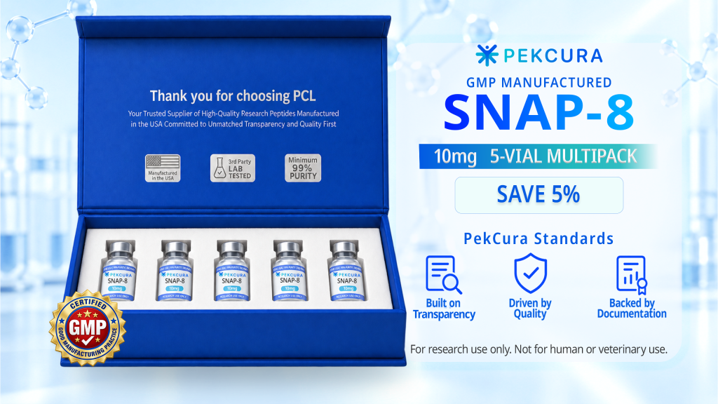 Snap-8 10mg GMP manufactured research peptide 5 pack with product label